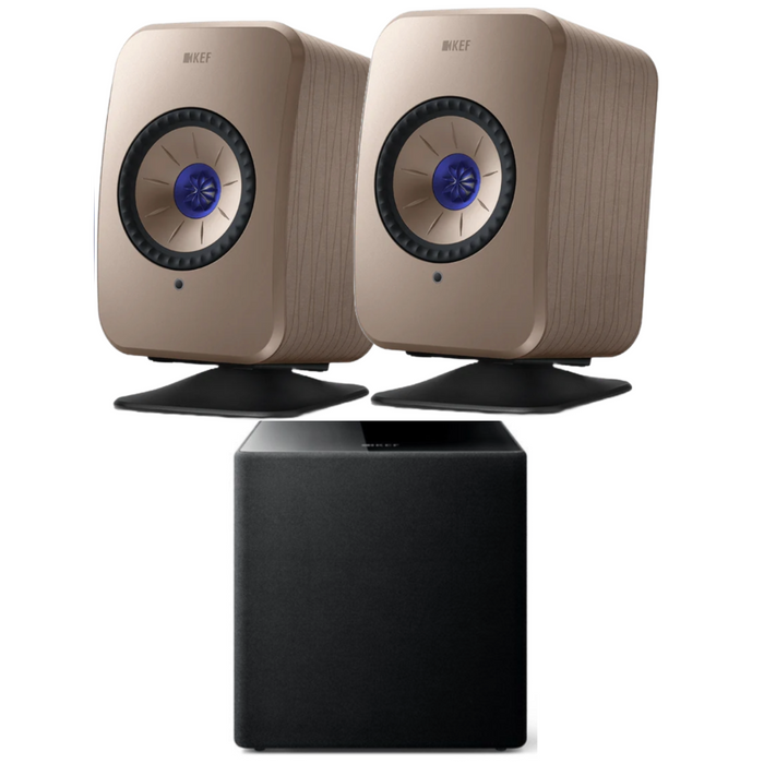 KEF LSX II Bookshelf Speakers, Kube 8b MIE Subwoofer and P1 Desk Pad Bundle
